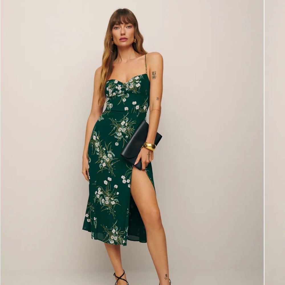 Reformation Juliette Dress in Green with White Floral